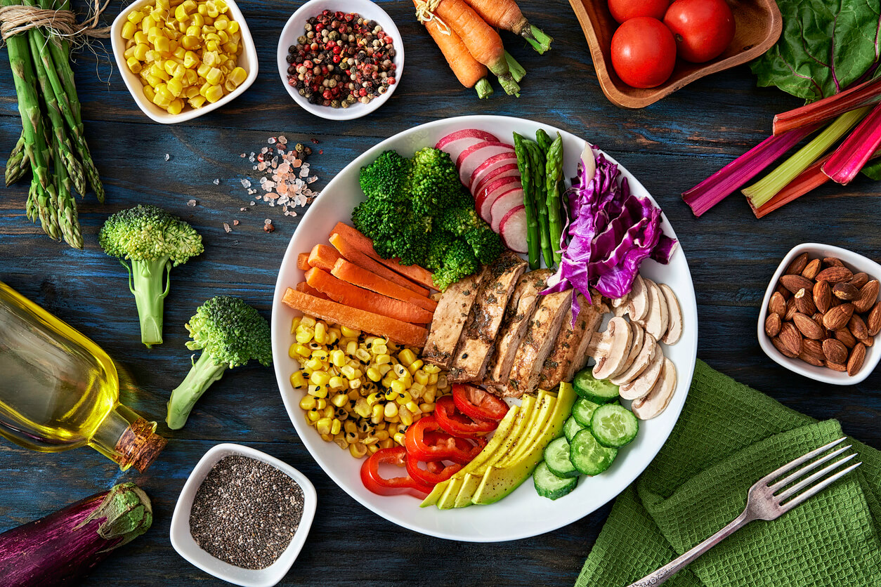 Various meal prep containers with healthy food